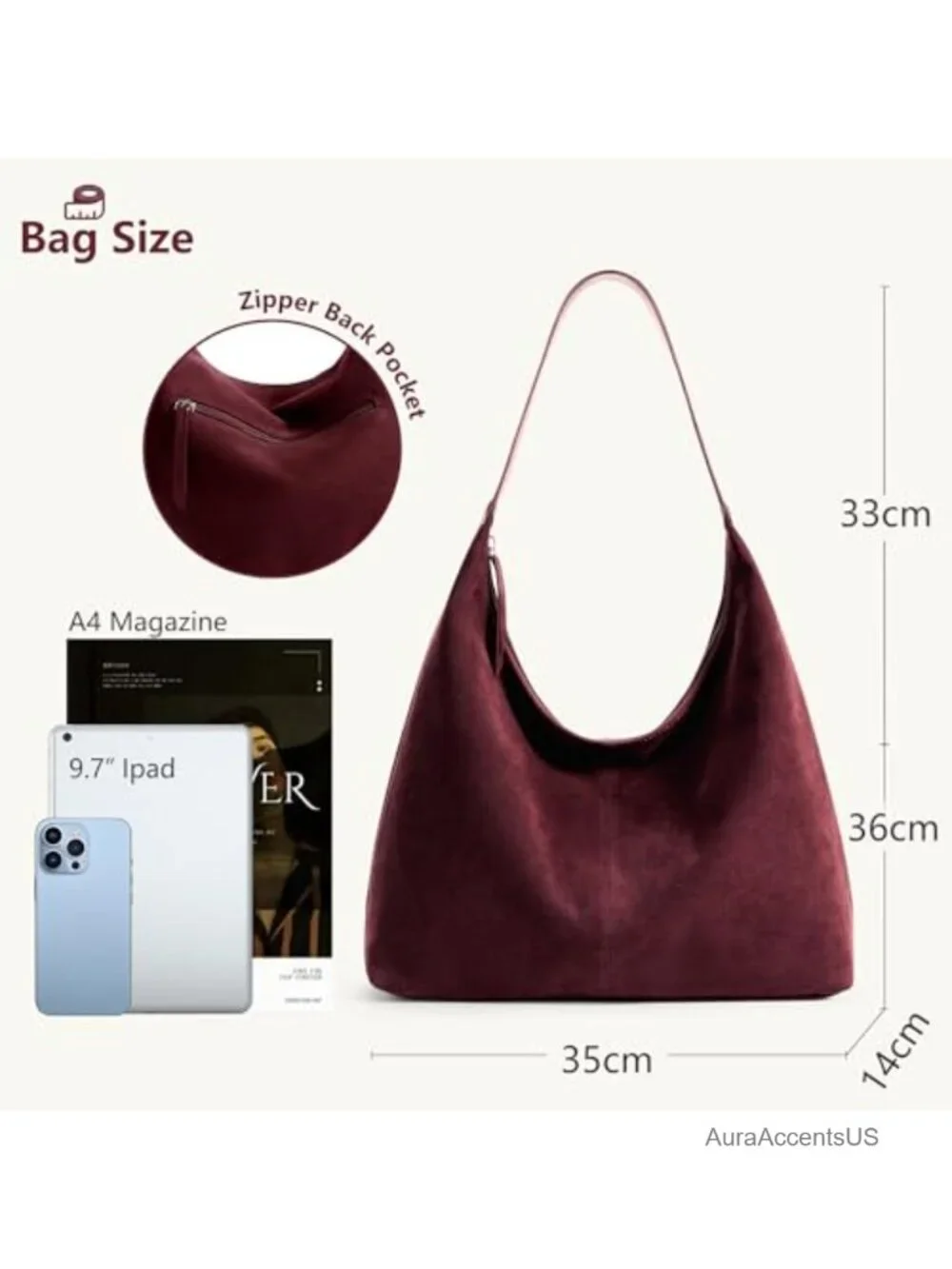 Slouchy Tote Bag 18L Casual Vegan Leather Crescent Hobo Zipper Bag